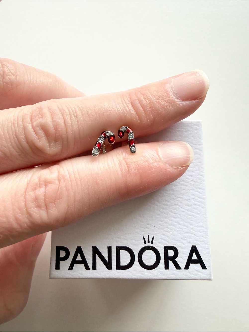 Retired Authentic Pandora Red Candy Cane Stud Earrings- silver